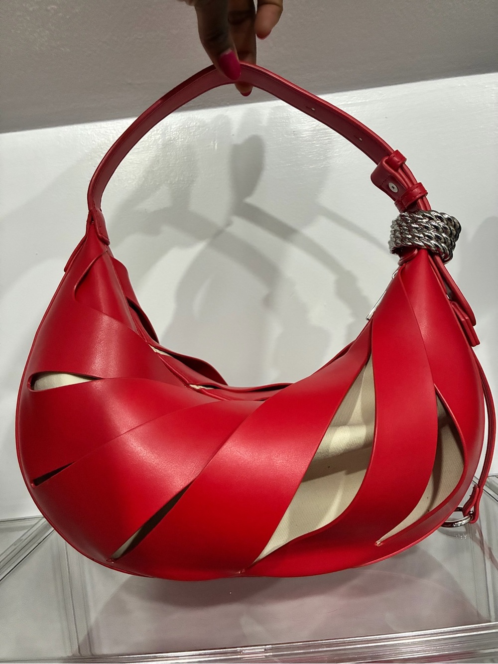 JW PEI - Jana Hollow Out Shoulder Bag - Red Leather Hobo Bag with Chain Accent